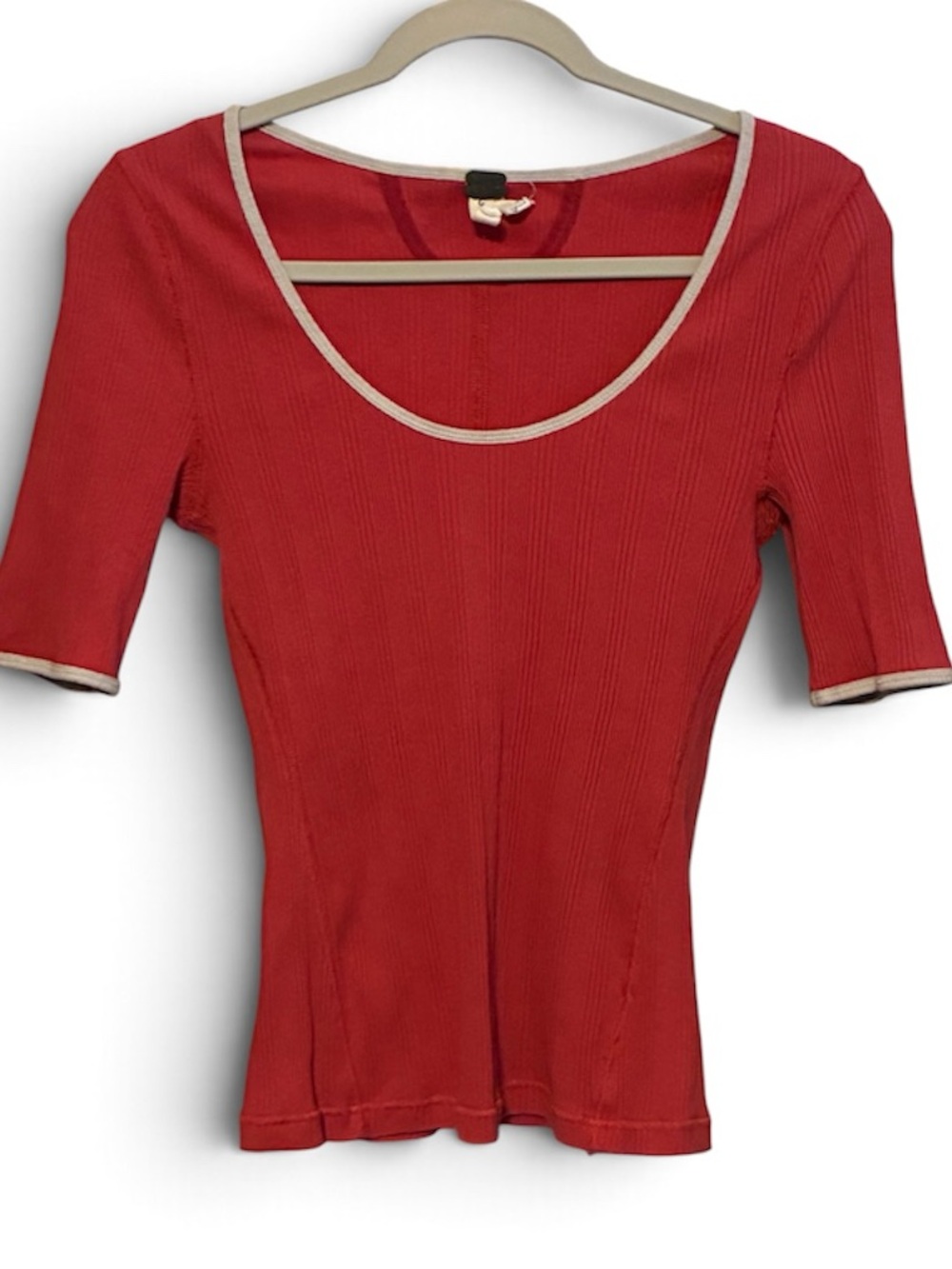 We the Free People Red Ribbed Scoop Neck Tee with White Trim Large